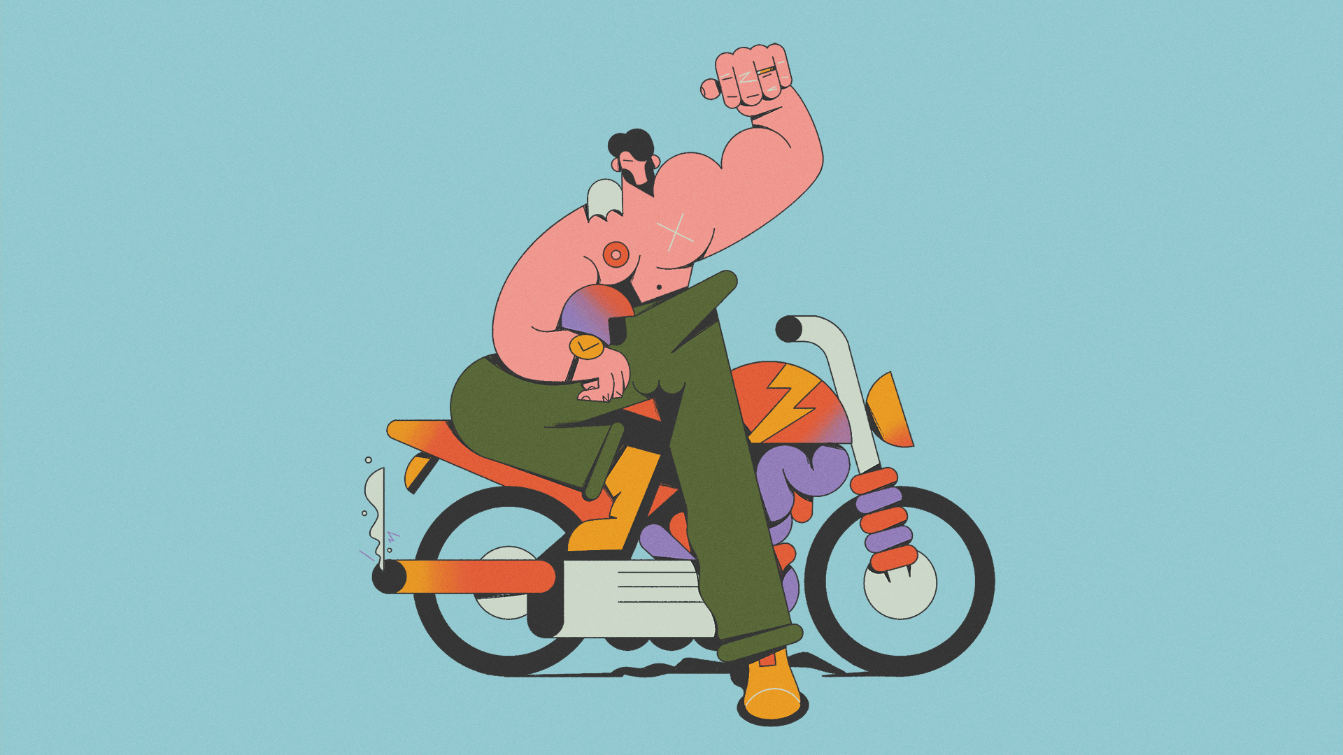 Homem de pênis ereto, mostrando que é forte com o braço levantado, em cima de uma moto. Ilustração por Fabrizio Lenci