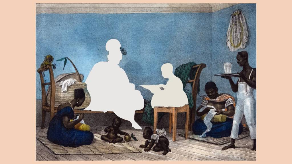 gravura de Jean-Baptiste Debret sobre a vida no Brasil colonial com as figuras brancas retiradas de cena