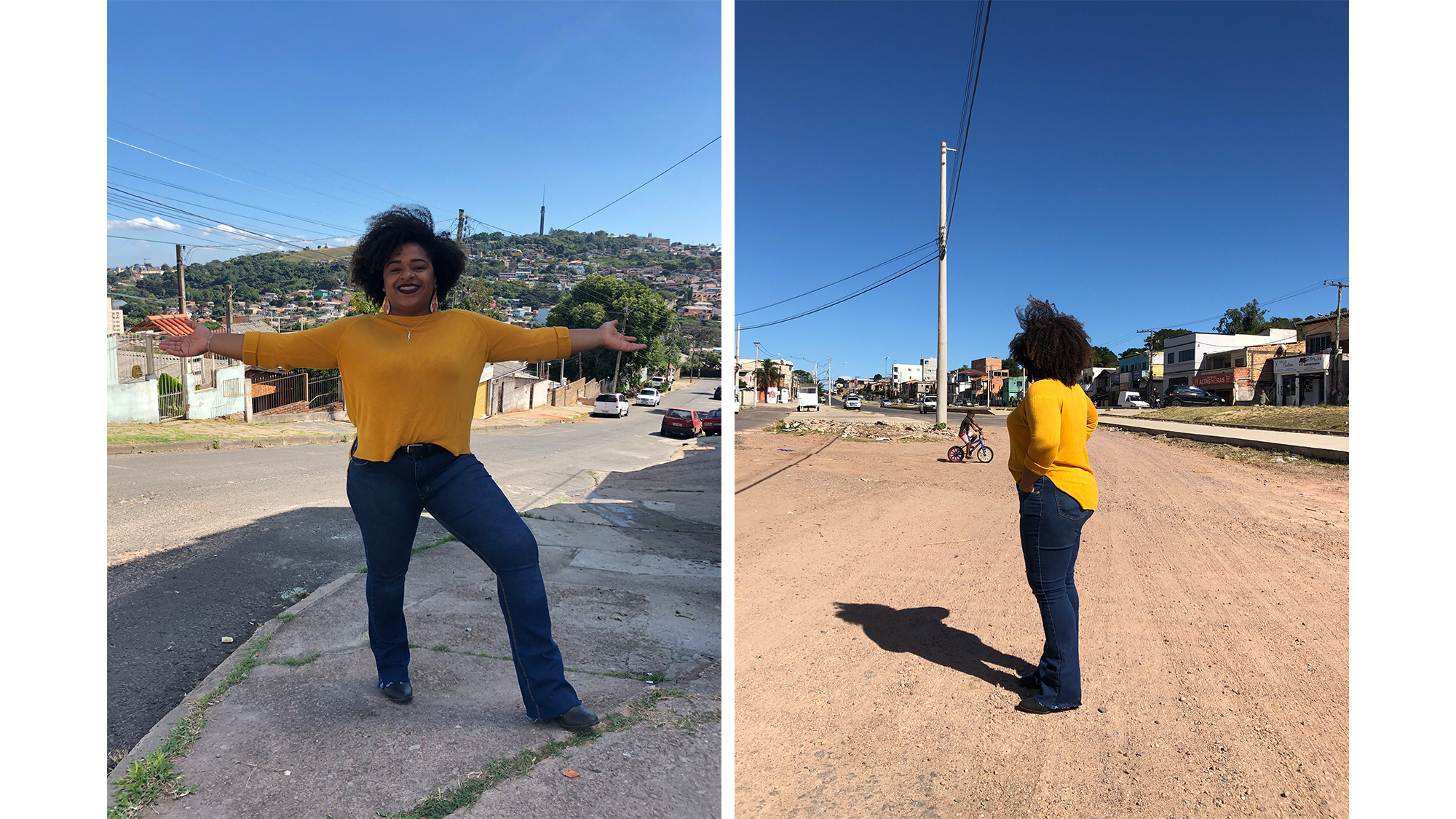Bruna Rodrigues em sua comunidade com braços abertos e blusa amarela