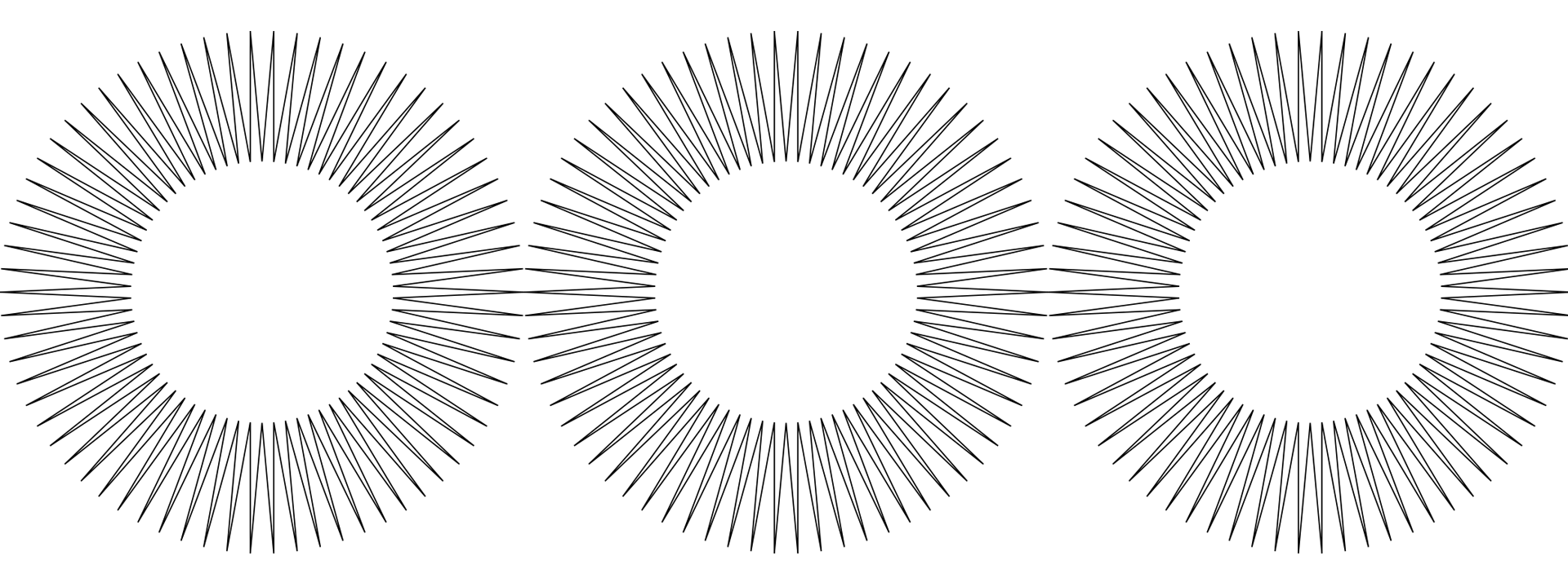 3 estrelas circulares de várias pontas em preto e branco