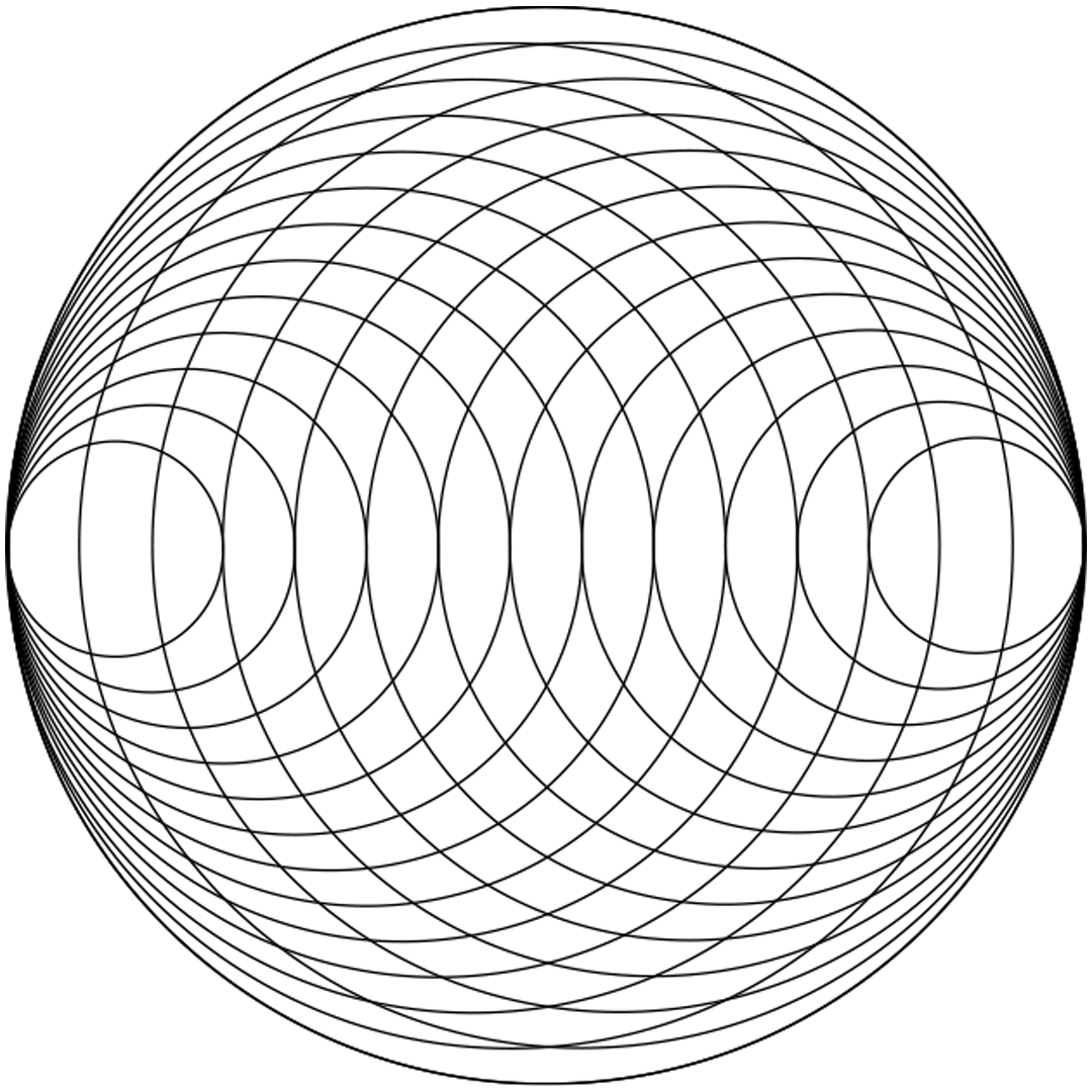 ilustração em preto e branco com círculos organizados em diferentes tamanhos e ordem crescente