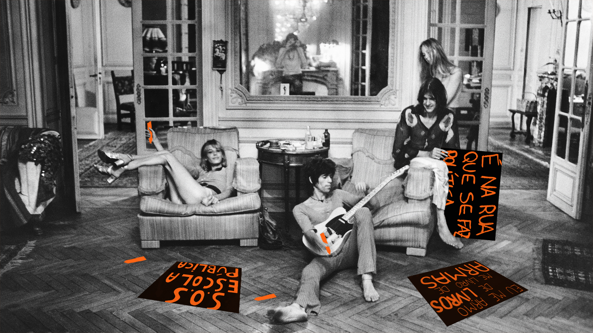Colagem e intervenção em foto da banda Rolling Stones produzindo cartazes para manifestação com detalhes em laranja