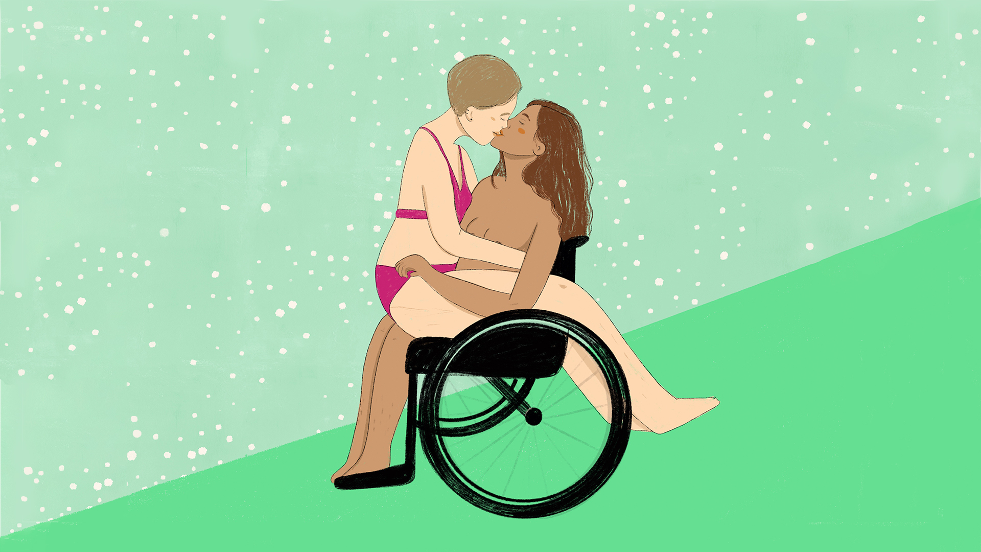 imagem de duas mulheres com deficiência, uma sentada no colo da outra em cadeira de rodas, se beijando