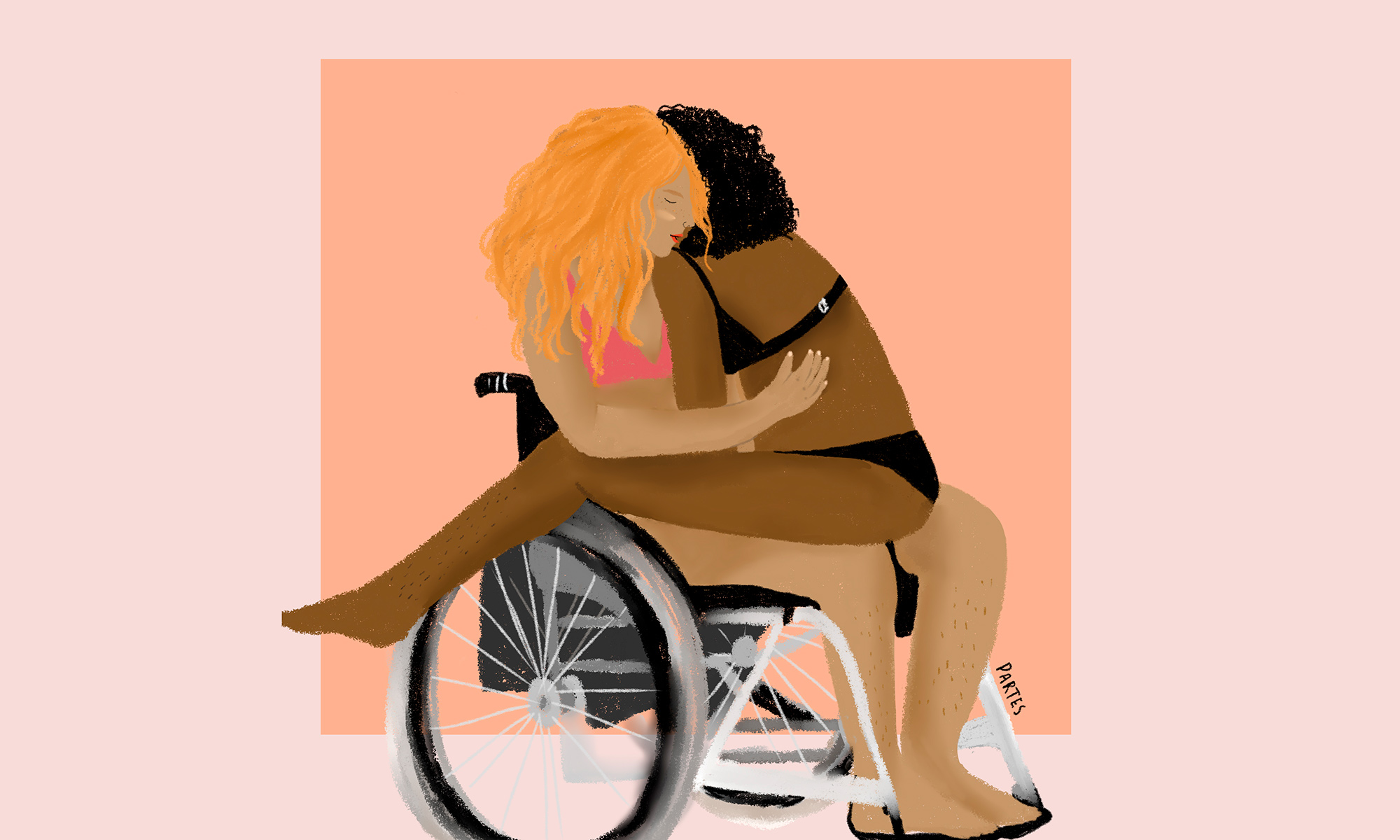 duas mulheres se beijam sobre a cadeira de rodas de uma delas – portfolio Partes, Paloma Santos