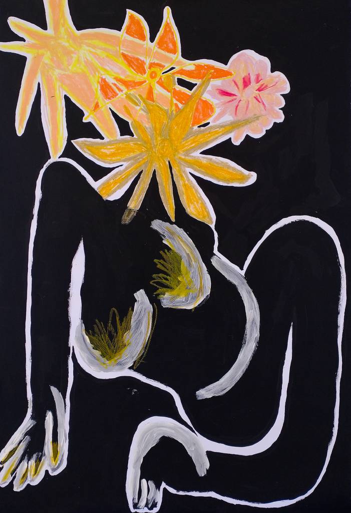 arte de carla santana com fundo preto, contorno de corpo humano em branoc e flores amarelas, laranjas e rosas na cabeça