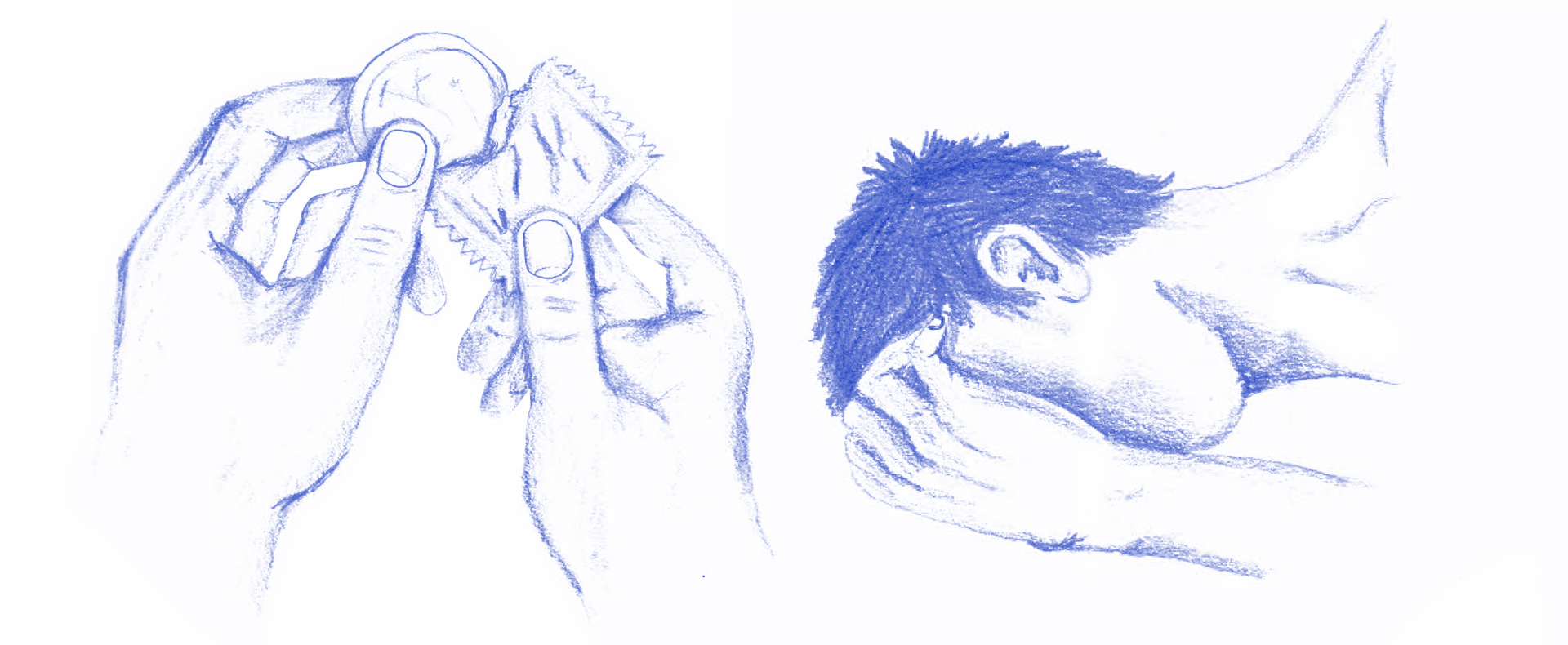 ilustração de uma mão abrindo um pacote de camisinha e pessoa com a mão no rosto em lápis azul