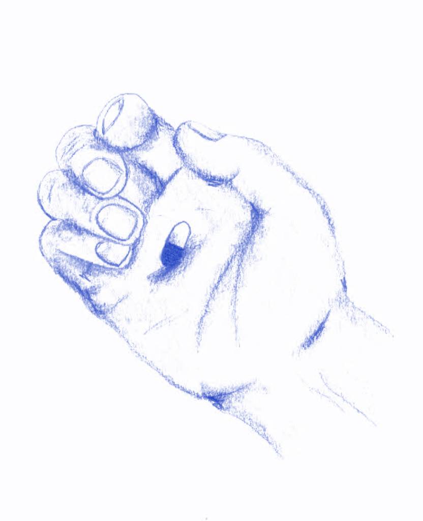 ilustração de uma mão com uma pílula em lápis azul