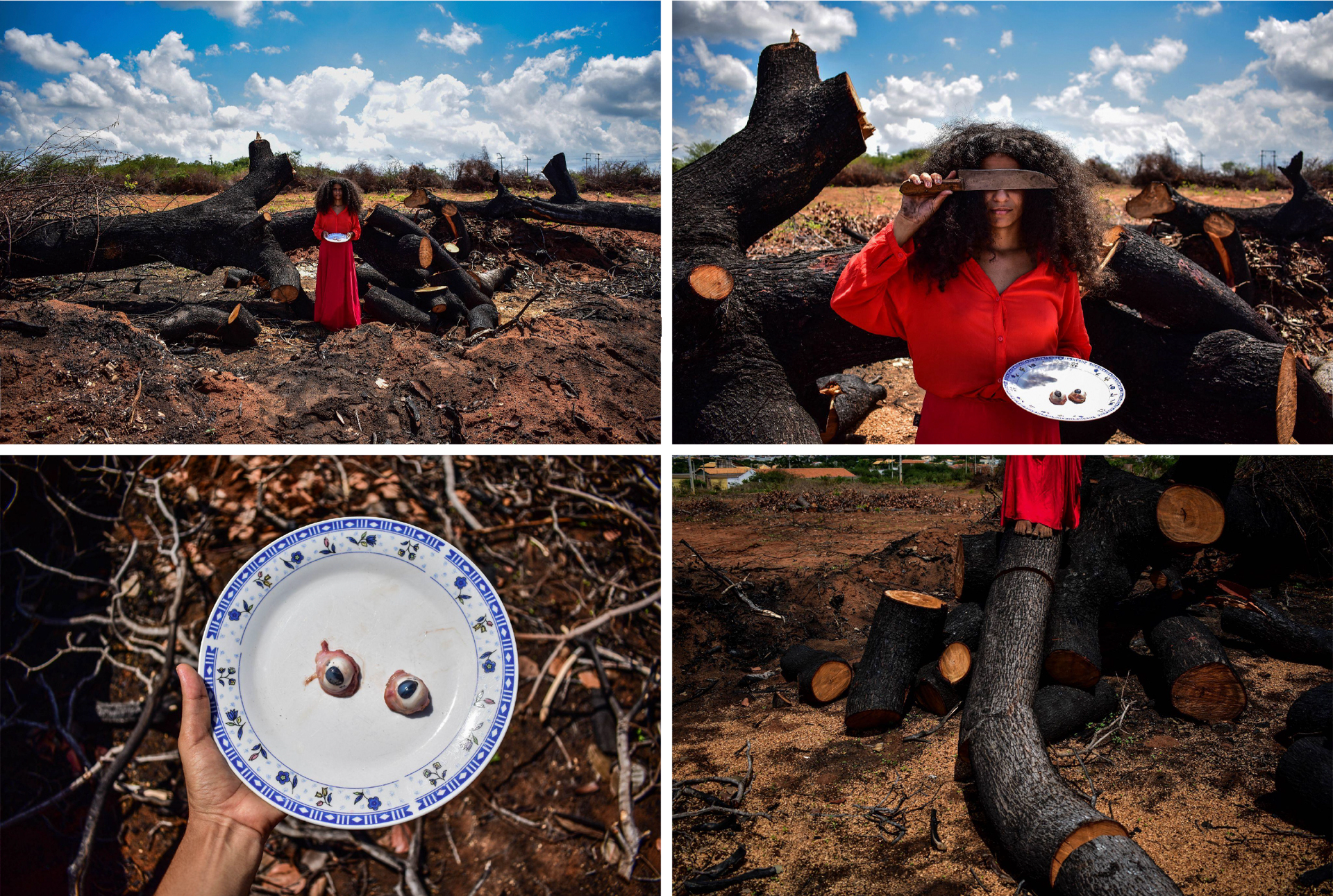 série de fotografias da artista cearense Maria Macêdo, posando na caatinga com facão, vestido vermelho e olhos de cabra