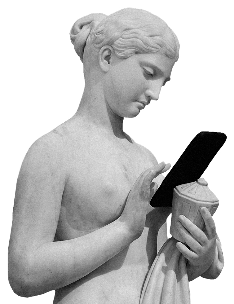 imagem de estátua em mármore de mulher segurando um celular