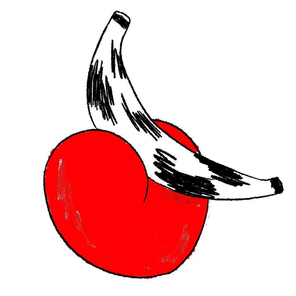 ilustração de banan se esfregando em um pêssego