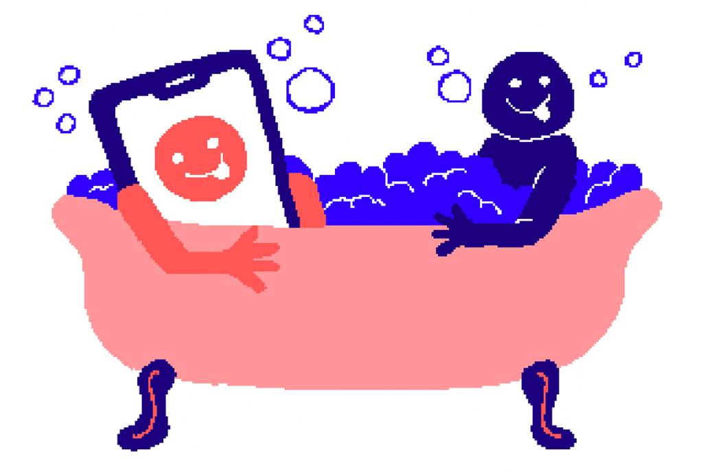 ilustração de pessoa e celular tomando banho de banheira