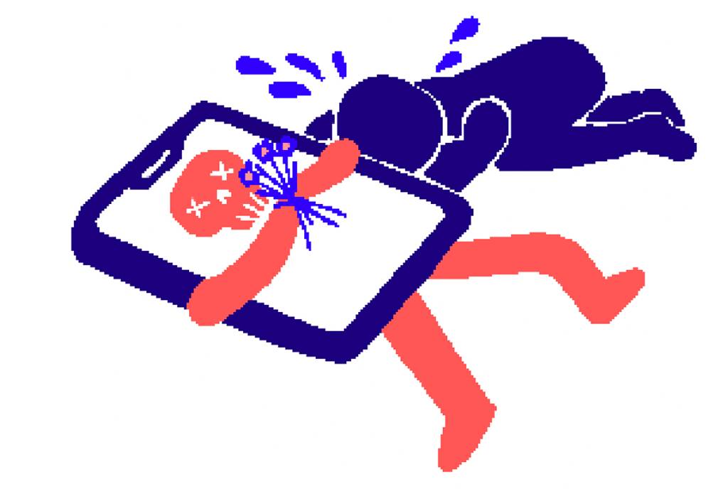 ilustração de pessoa chorando em cima de celular morto