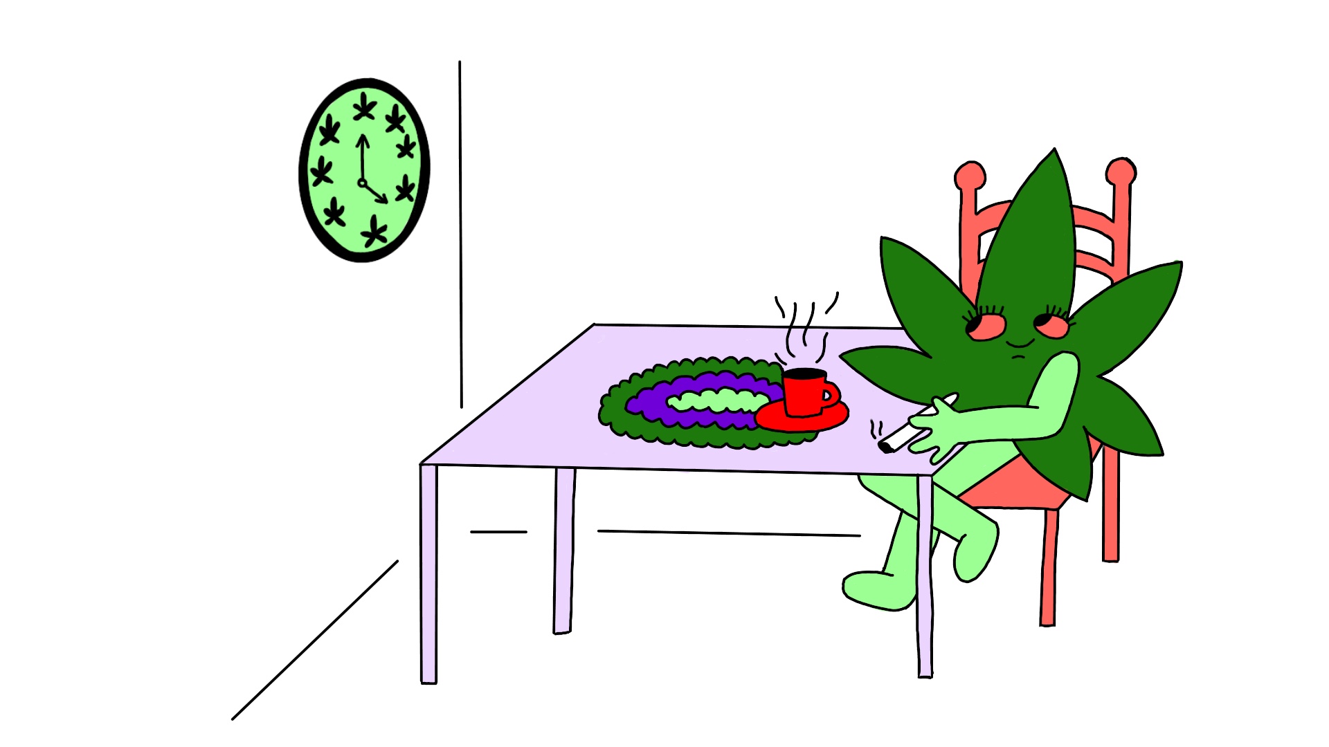 personagem de folha de maconha sentada na mesa tomando café e aguardando a hora de fumar, com relógio de maconha