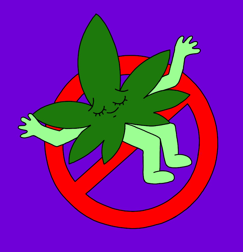 personagem de folha de maconha debochando do símbolo de proibido