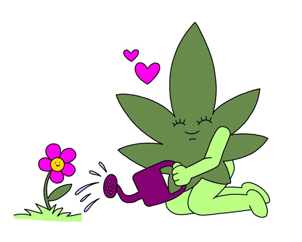 personagem de folha de maconha regando flores