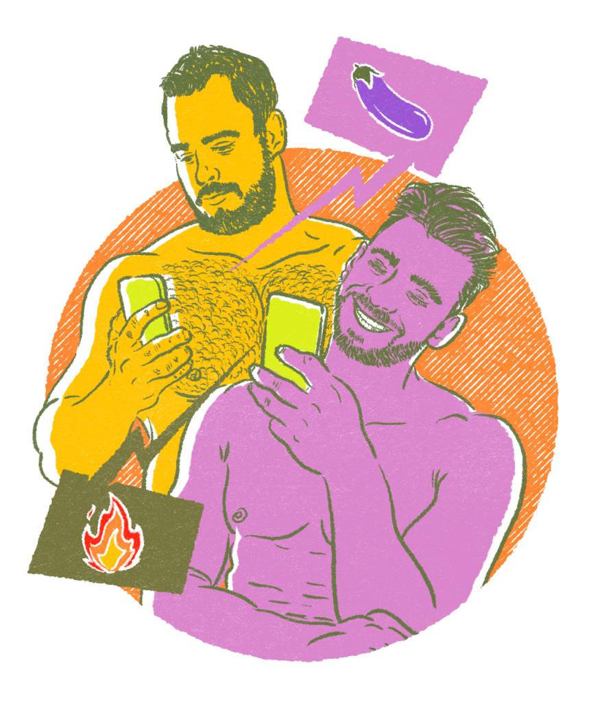 Ilustração dois homens interagindo através de celulares e emojis