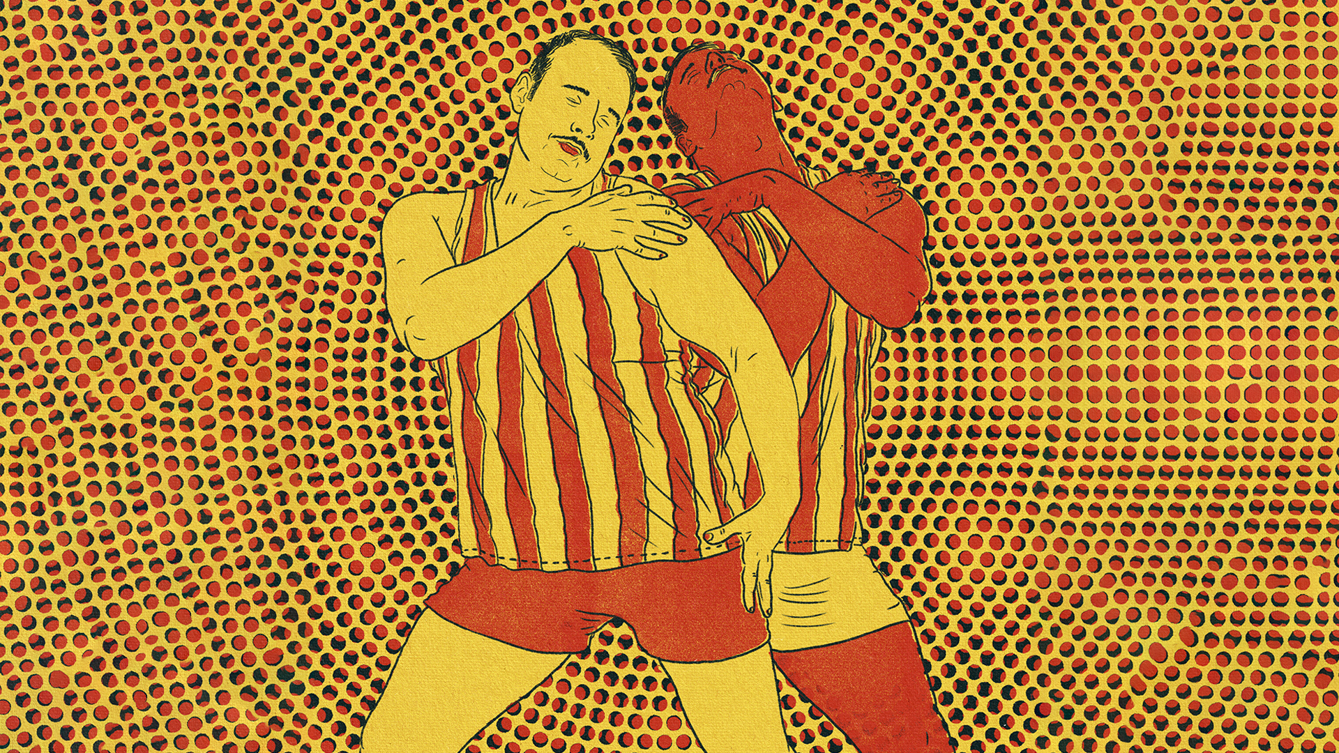 ilustração de duas pessoas dançando vogue em fundo com padronagem