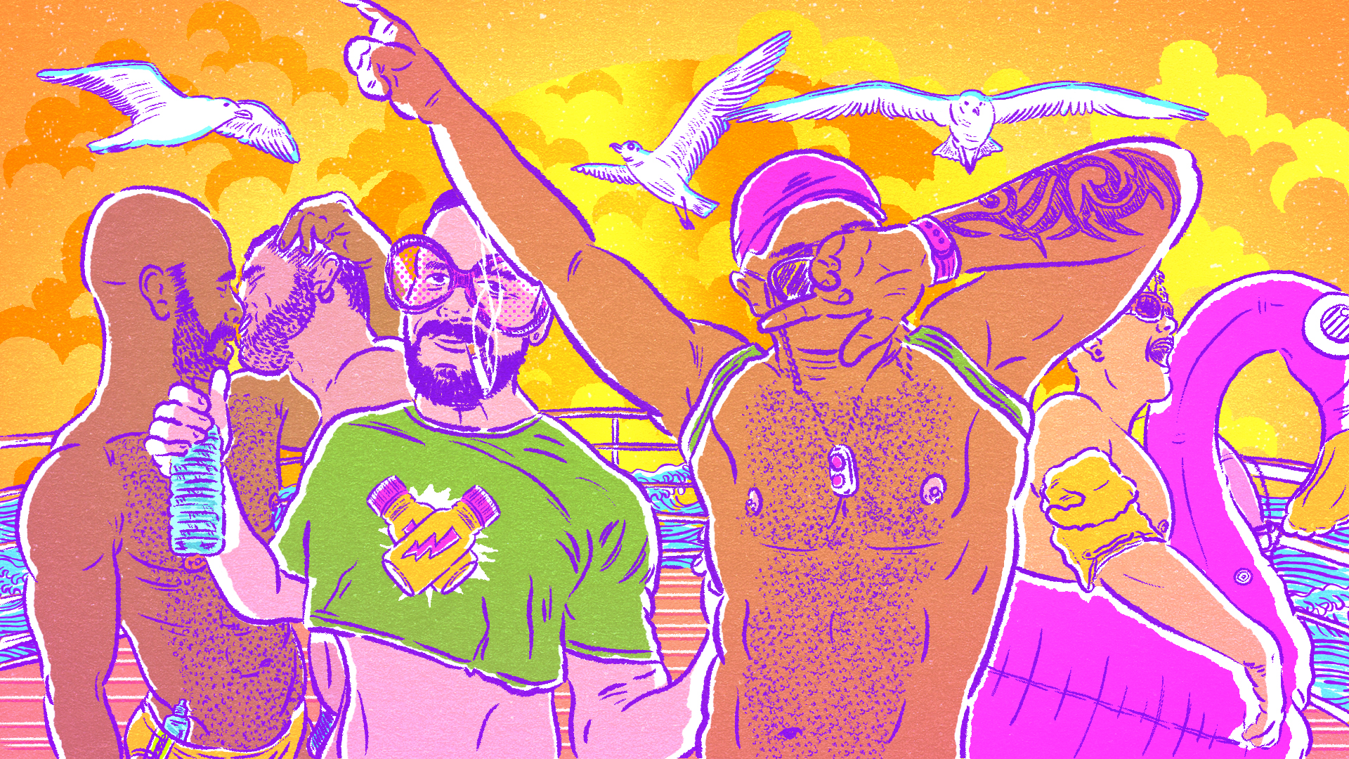 Ilustração de homens gays sem camisa em cruzeiro