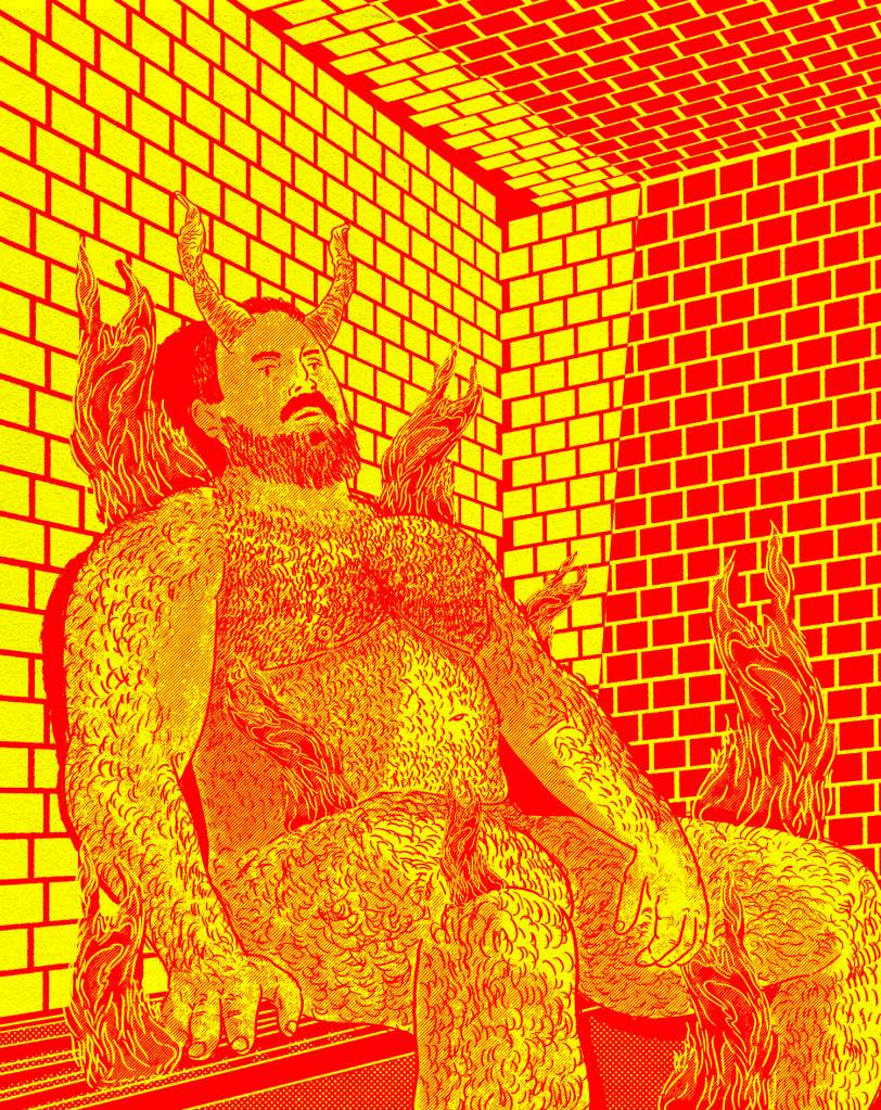 homem gordo e peludo sentado em uma sauna com chifres