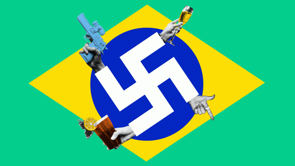 colagem de suástica na bandeira do brasil com mão com armas