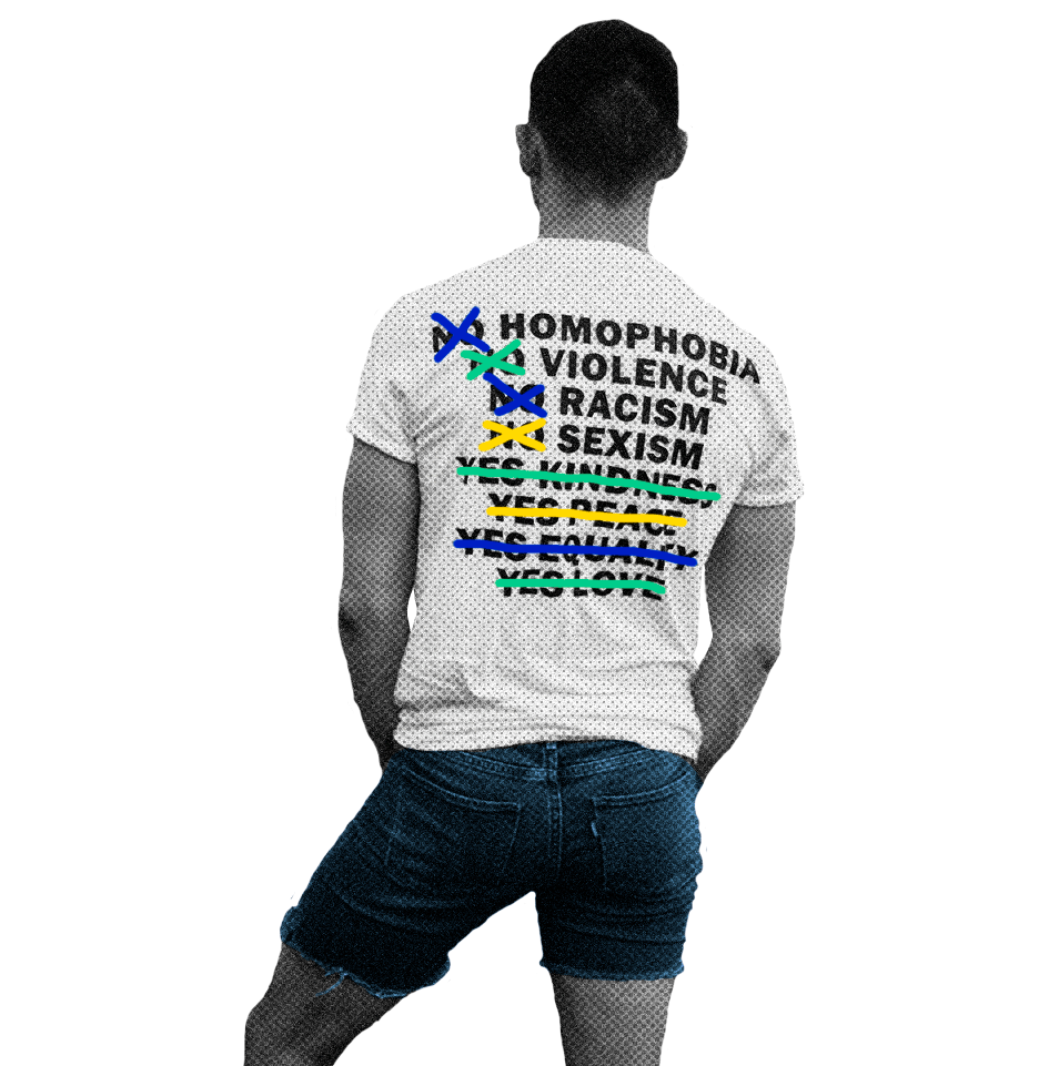 Colagem de homem com camiseta com dizeres progressistas riscada