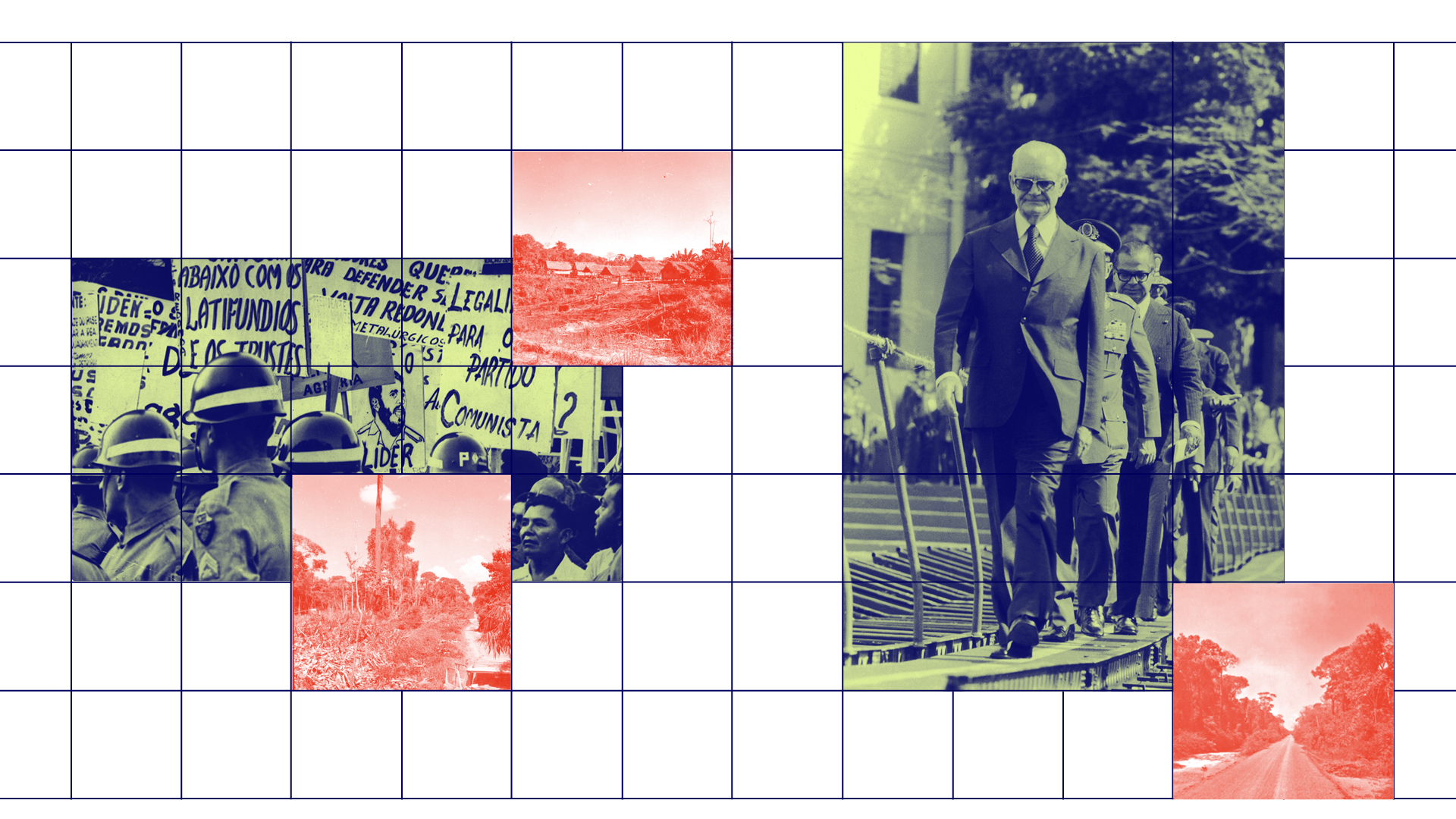 Concentração para o Comício das Reformas no Rio de Janeiro em março de 1964. Arquivo Nacional, Correio da Manhã + cenas da construção da rodovia transamazônica em vermelho (reprodução/governo federal) + Ernesto Geisel, presidente da República