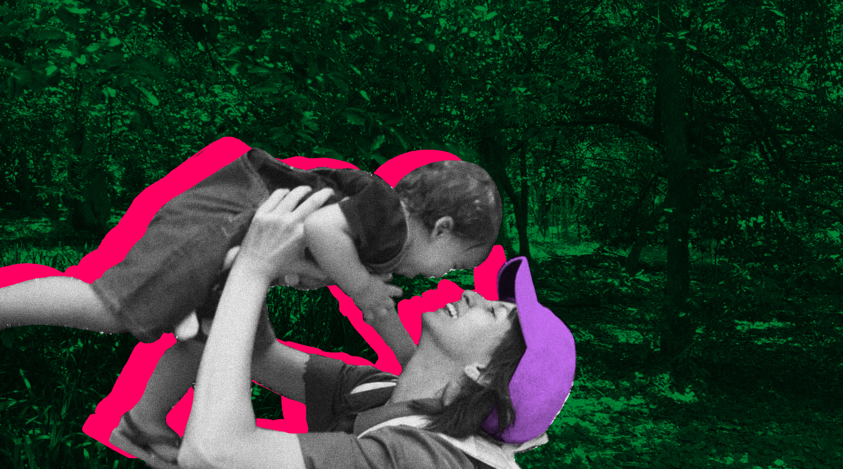 Ilustração/colagem de fotografia de mãe com filho no colo ao ar livre