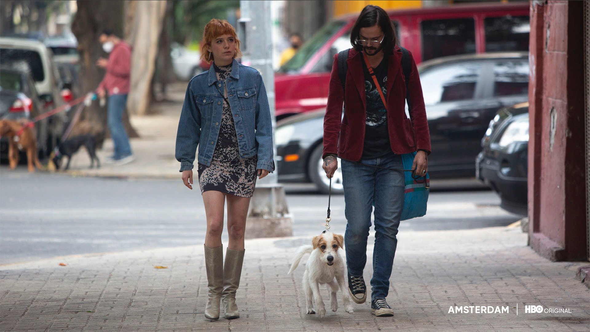 foto da série amsterdam com casal andando no meio da rua com cachorro