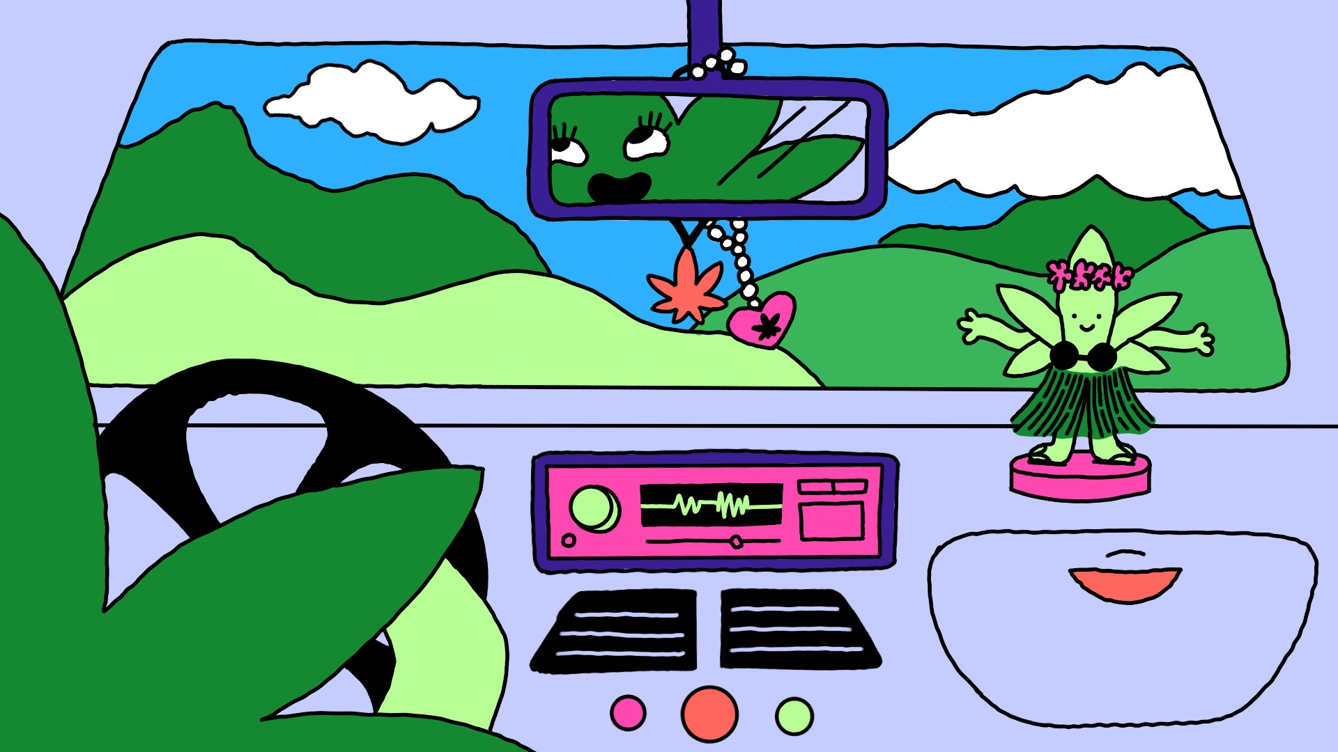 ilustração do personagem macoinha dirigindo em uma estrada de férias
