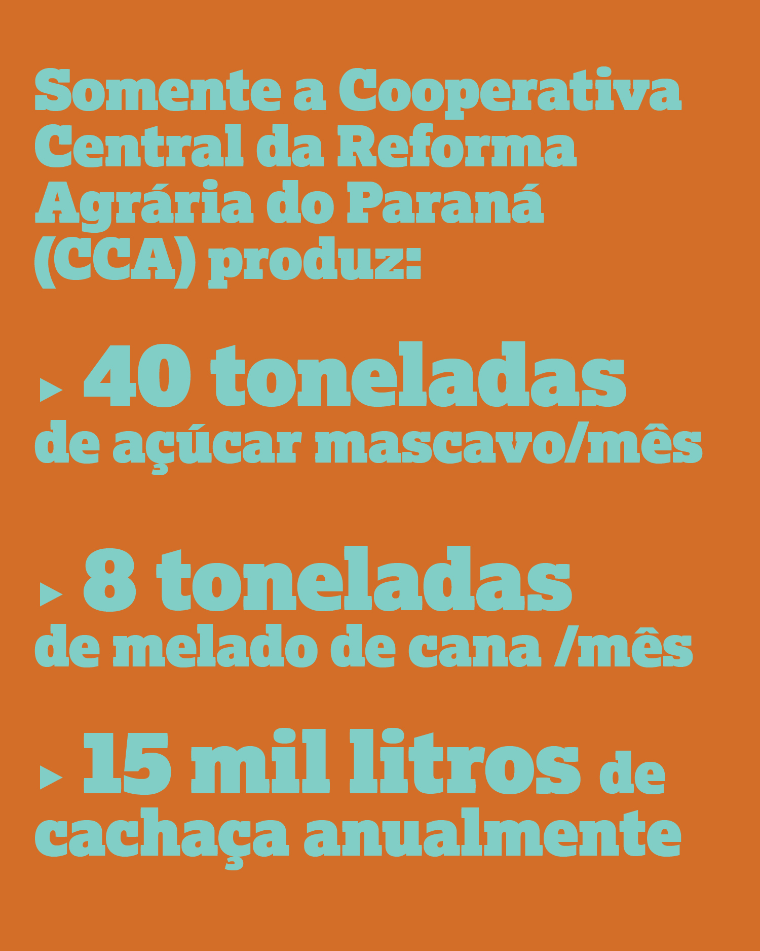 Cooperativa Central da Reforma Agrária do Paraná produz 40 toneladas de açúcar mascavo por mês 8 toneladas de melado de cana por mês 15 mil litros de cachaça anualmente